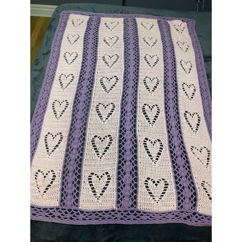 Handmade Crochet Heart Blanket Pink Purple Afghan Baby Blanket 65"x48"